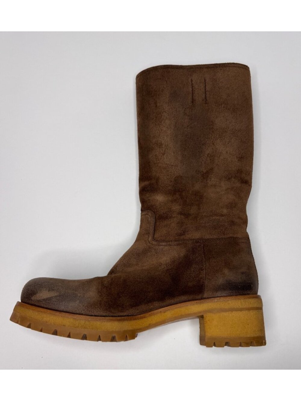 Vintage Prada Milano Brown Suede Calf Knee Lug Sole Moto Rugged Boots 38.5 US8.5 - Picture 5 of 16